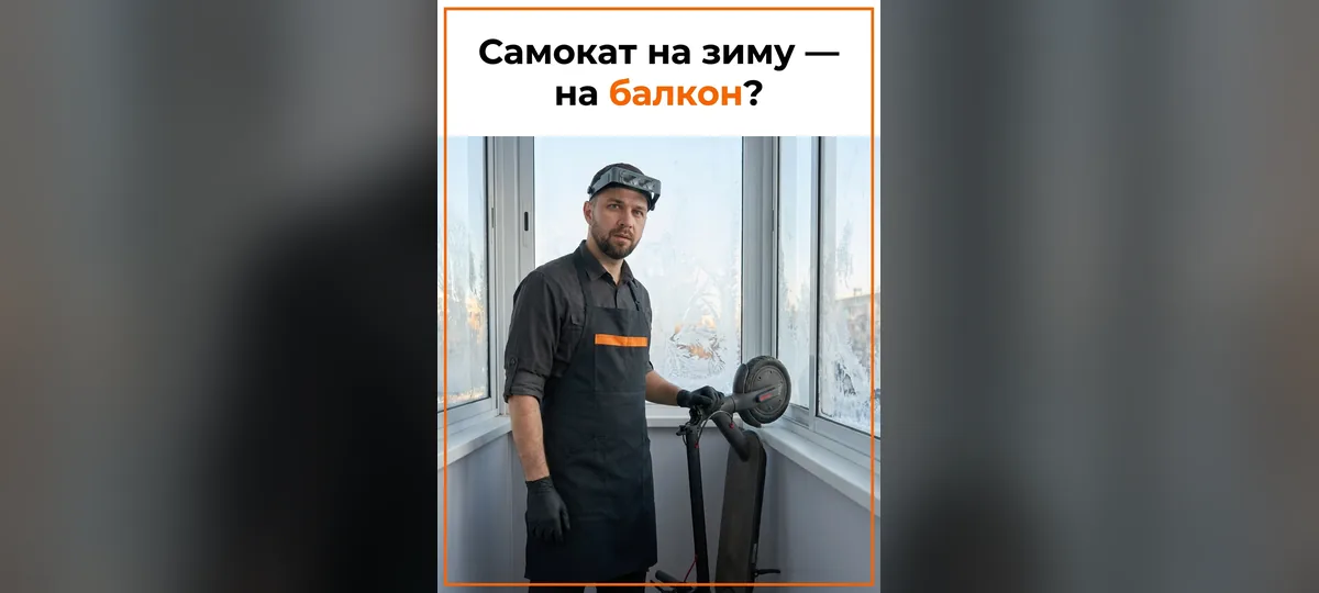 Мастер на застеклённом балконе рядом с электросамокатом
