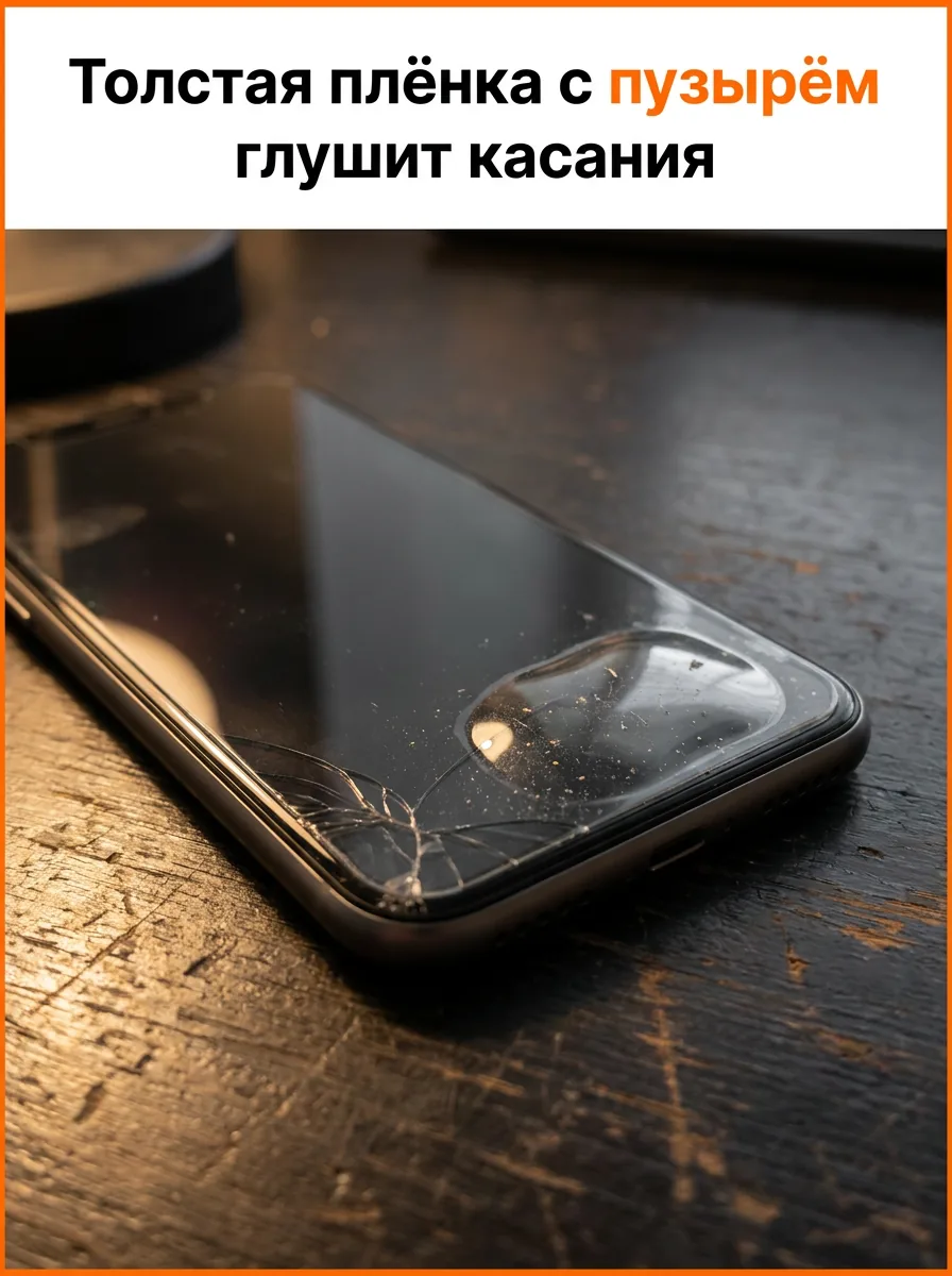 Толстая плёнка с пузырём глушит касания