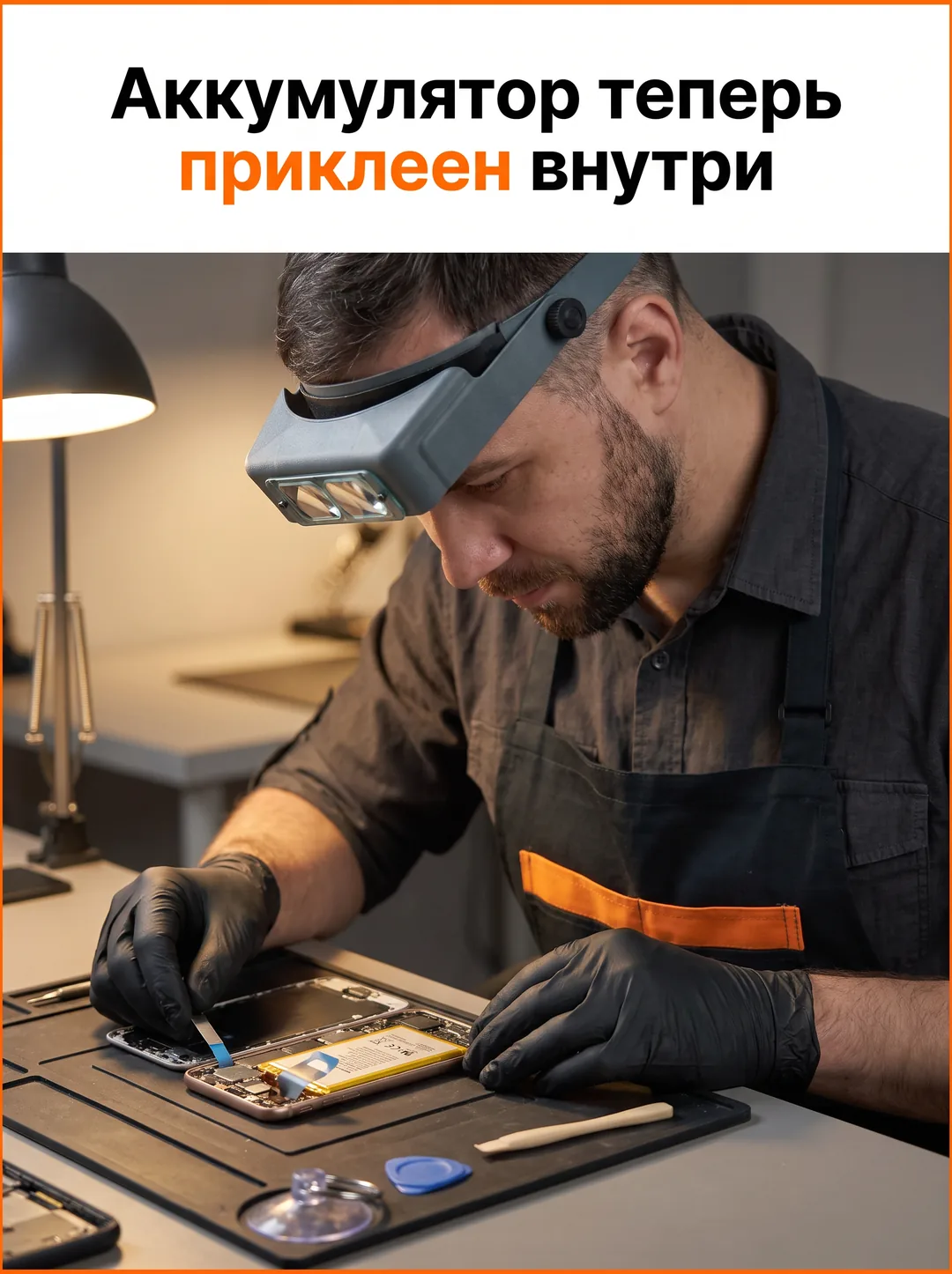 Аккумулятор теперь приклеен внутри